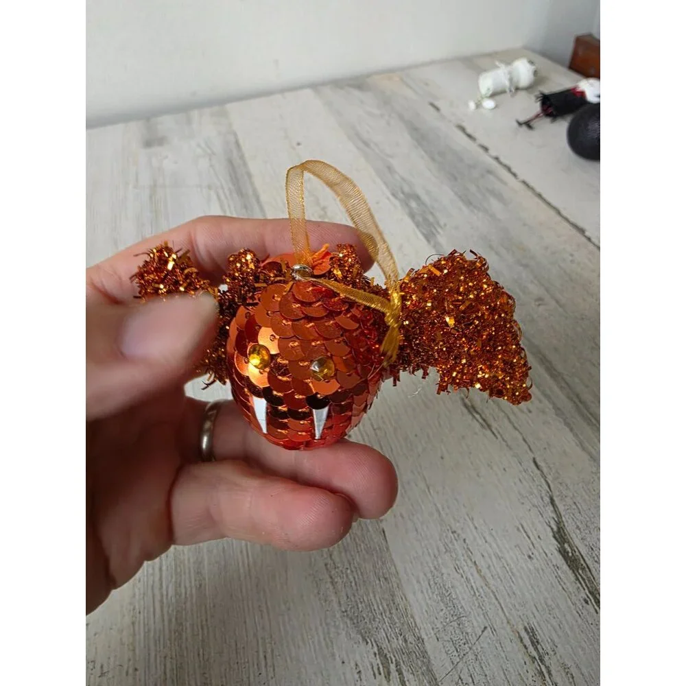 Vintage Pier 1 orange bat glitter‎ sequin ornament Halloween decor